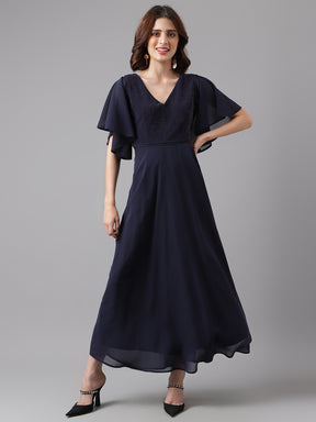 Blue Navy Half Sleeve V-Neck Solid Women Maxi Dress for Party