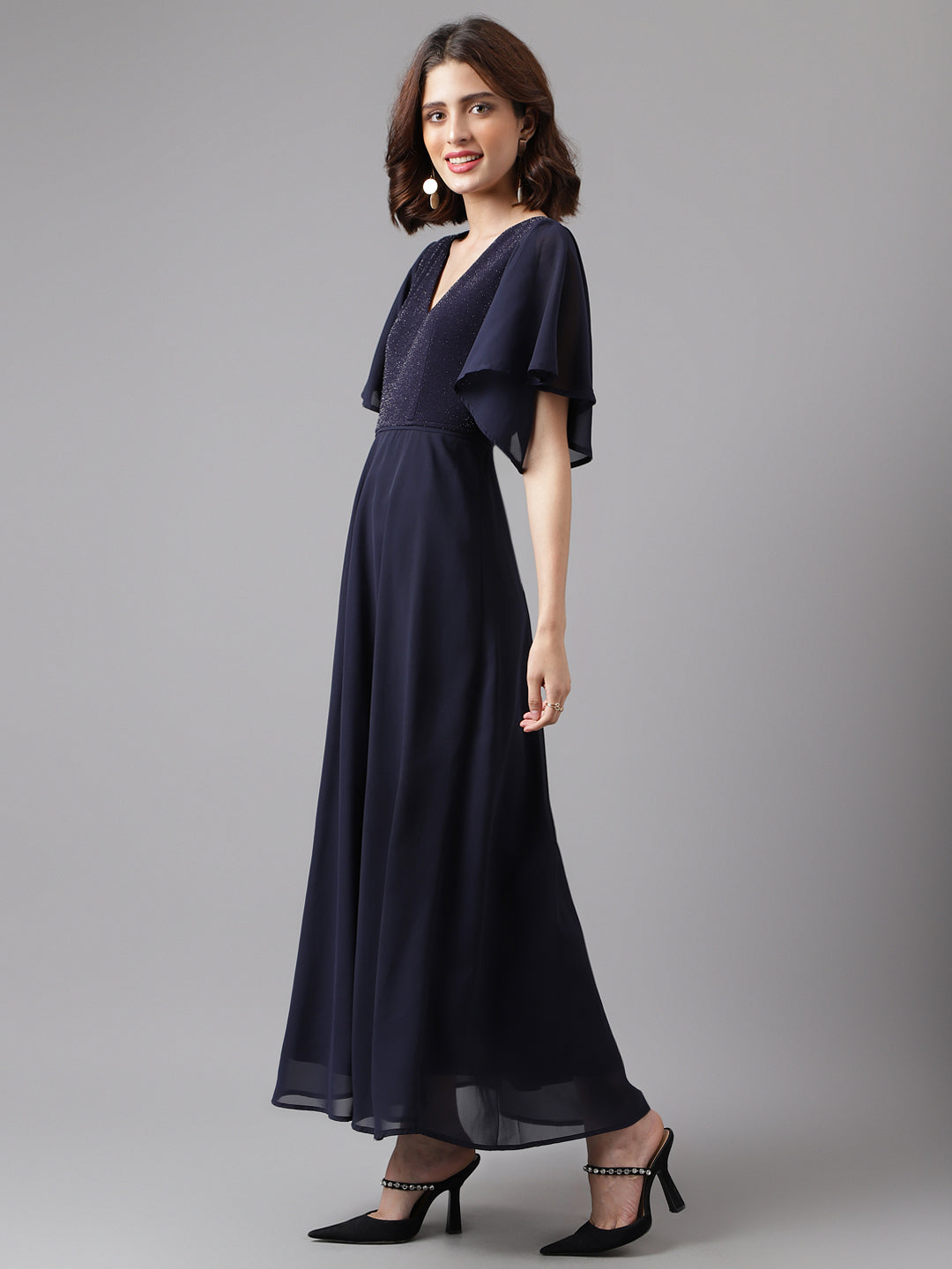 Blue Navy Half Sleeve V-Neck Solid Women Maxi Dress for Party