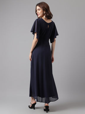 Blue Navy Half Sleeve V-Neck Solid Women Maxi Dress for Party