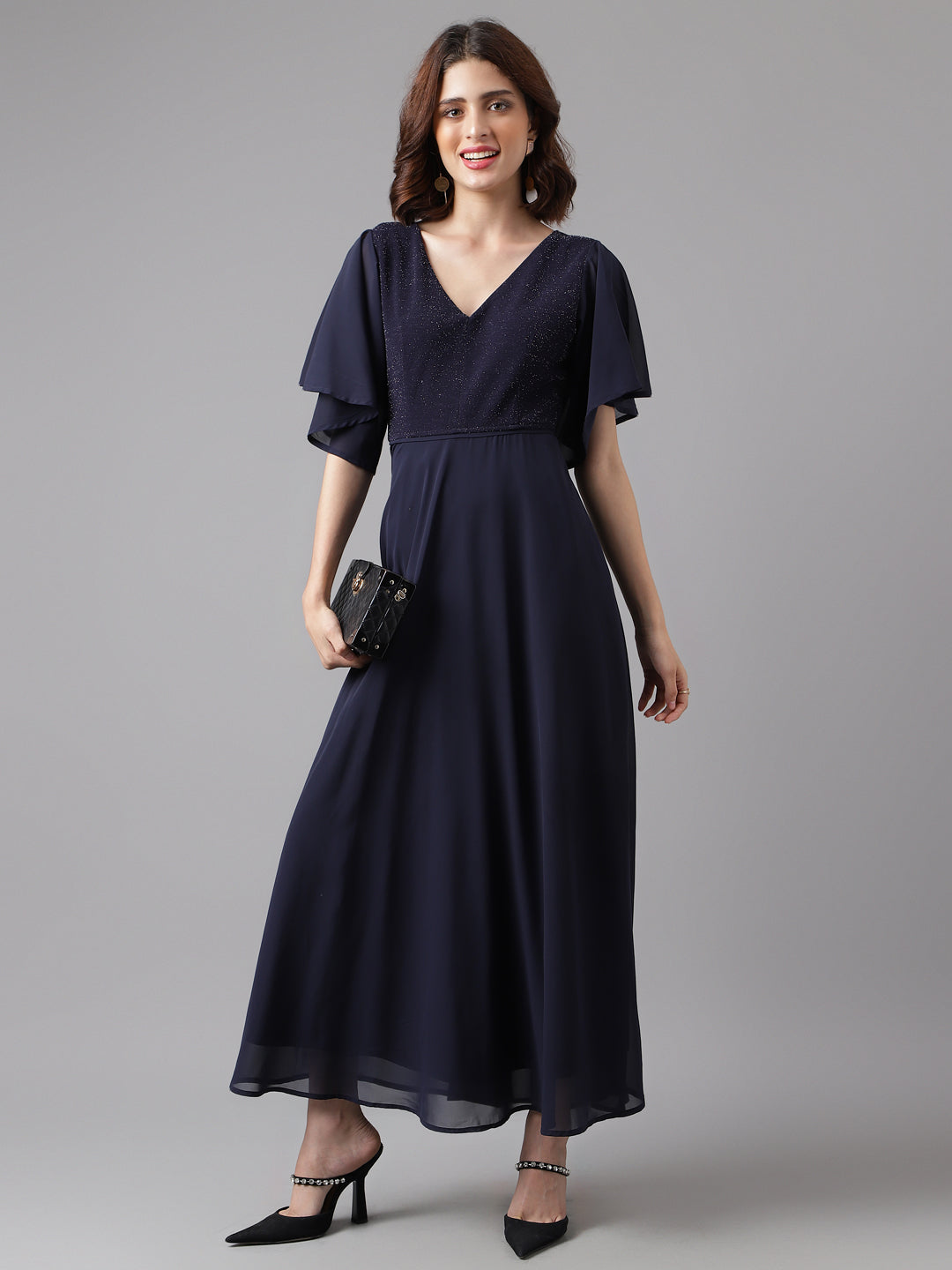 Blue Navy Half Sleeve V-Neck Solid Women Maxi Dress for Party