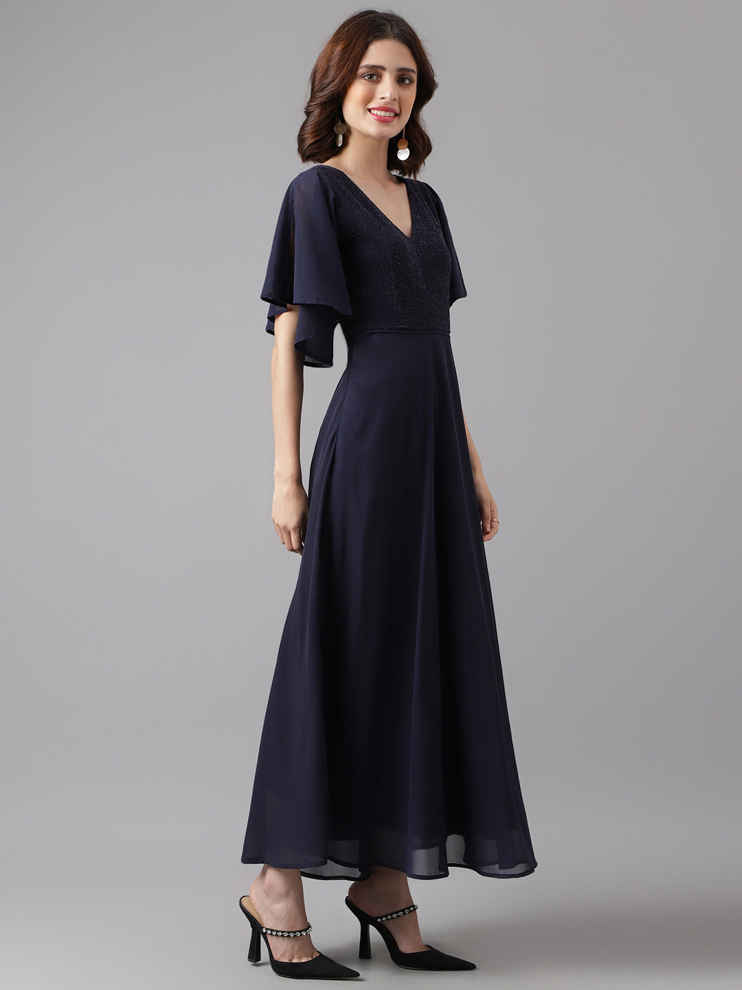 Blue Navy Half Sleeve V-Neck Solid Women Maxi Dress for Party