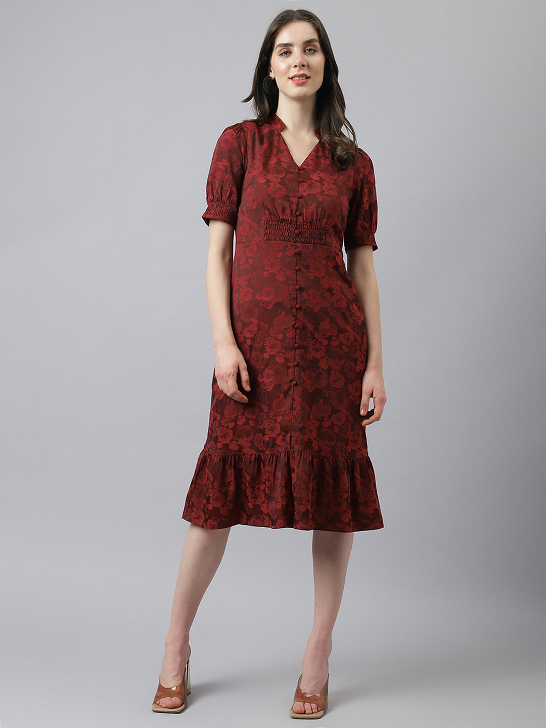 Maroon Short Sleeves V-Neck Printed Knee Length Dress For Casual Wear