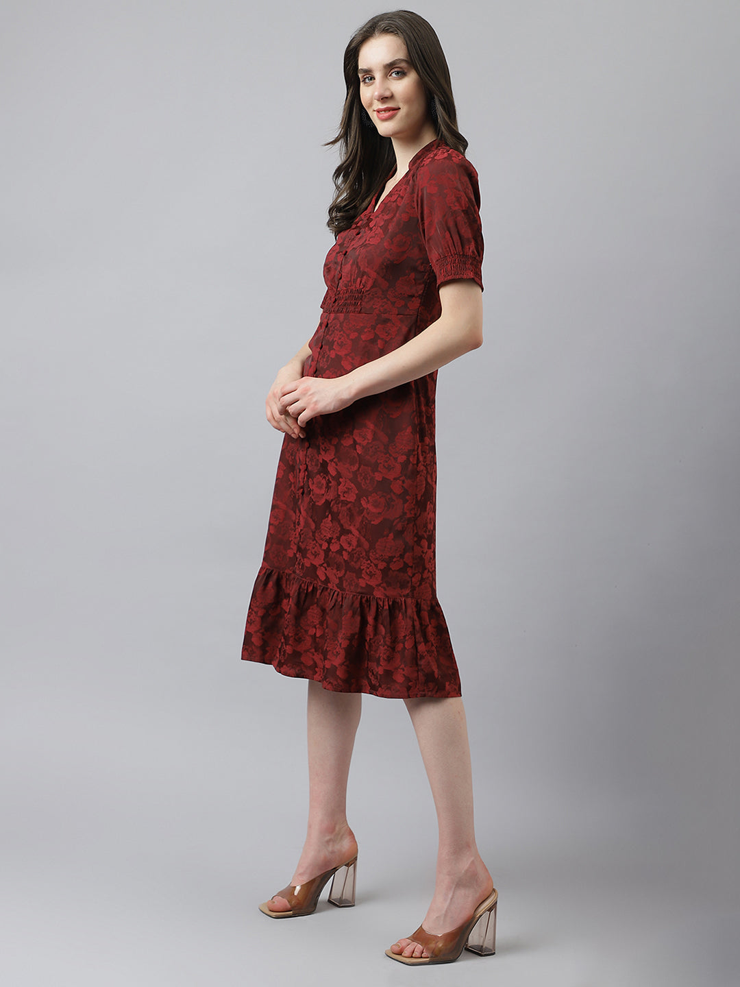 Maroon Short Sleeves V-Neck Printed Knee Length Dress For Casual Wear