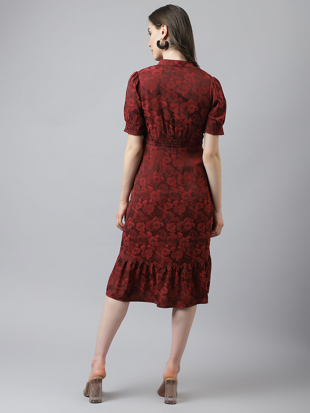 Maroon Short Sleeves V-Neck Printed Knee Length Dress For Casual Wear