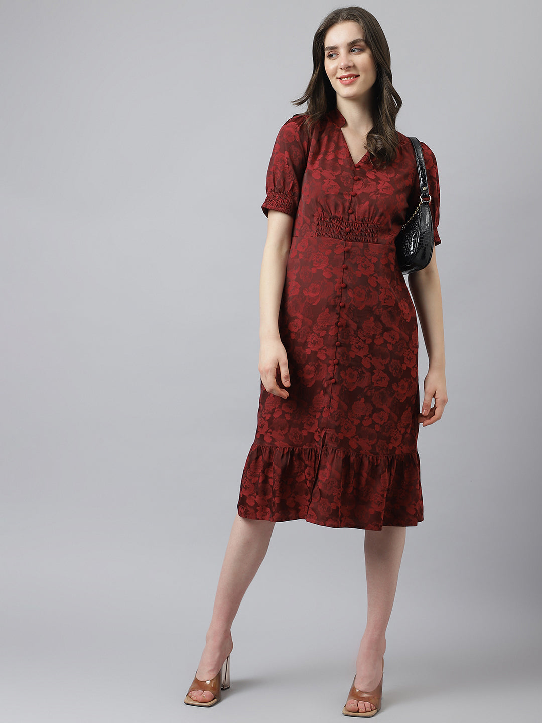 Maroon Short Sleeves V-Neck Printed Knee Length Dress For Casual Wear