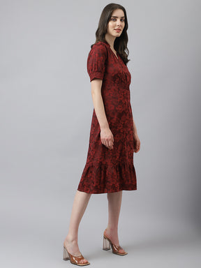 Maroon Short Sleeves V-Neck Printed Knee Length Dress For Casual Wear