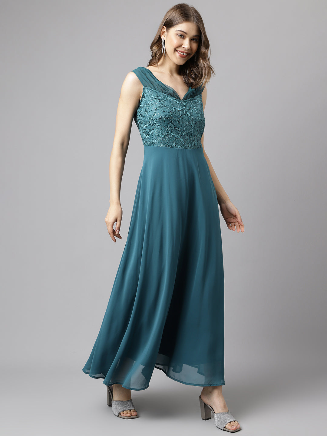 Teal Sleeveless Solid Sequin Dress