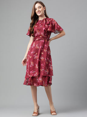 Maroon Half Sleeve Printed Pleated Dress