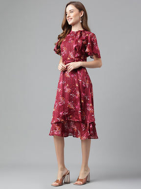 Maroon Half Sleeve Printed Pleated Dress