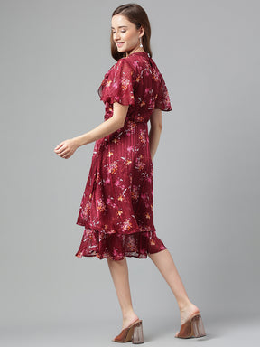 Maroon Half Sleeve Printed Pleated Dress