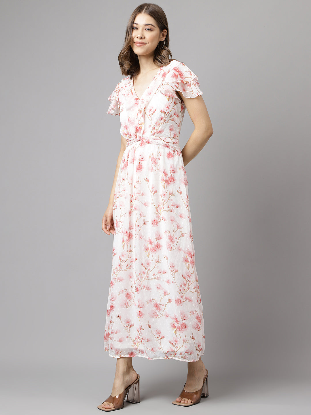 Pink Short Sleeves V-Neck Printed Maxi Dress For Casual Wear