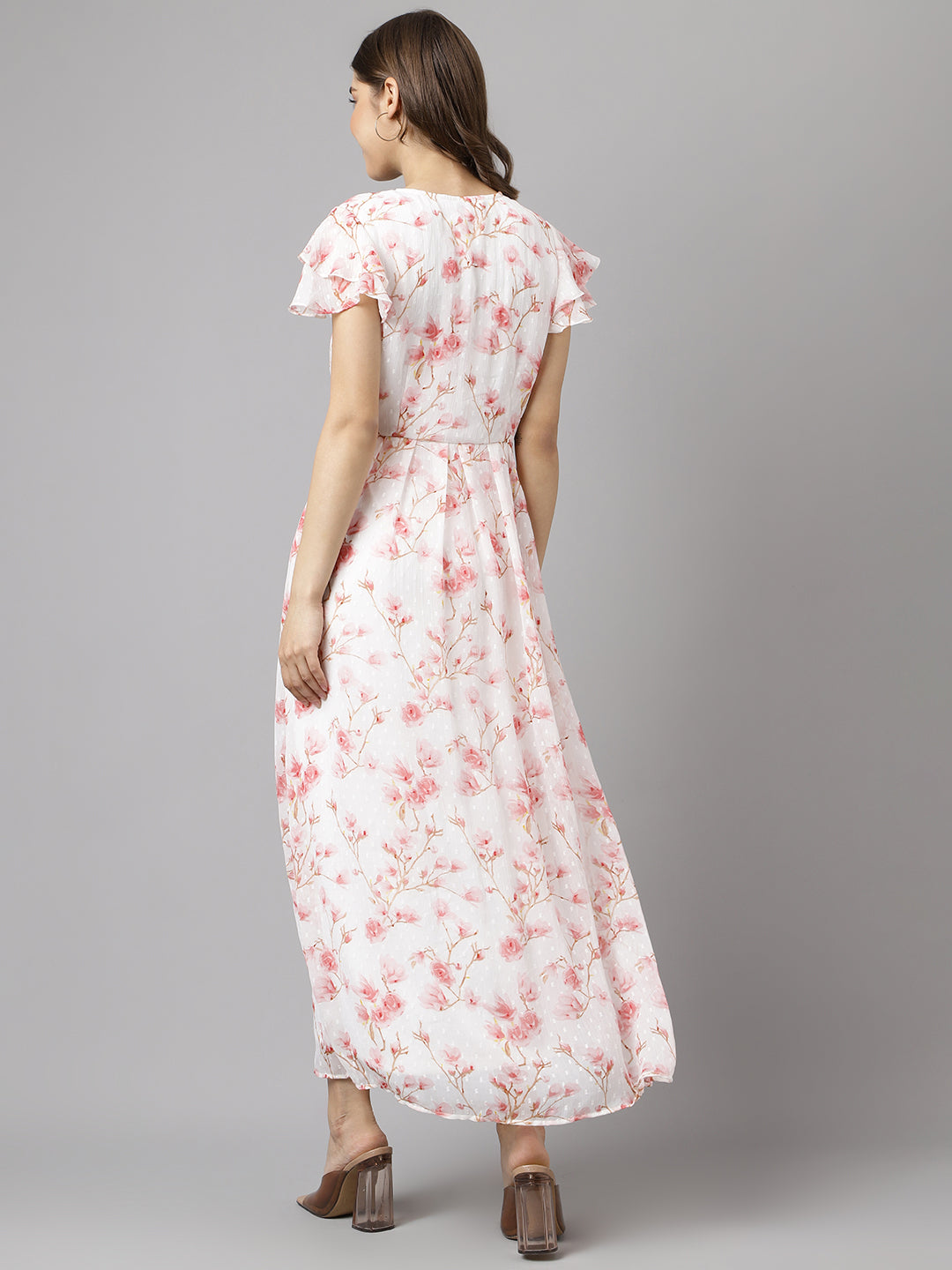 Pink Short Sleeves V-Neck Printed Maxi Dress For Casual Wear