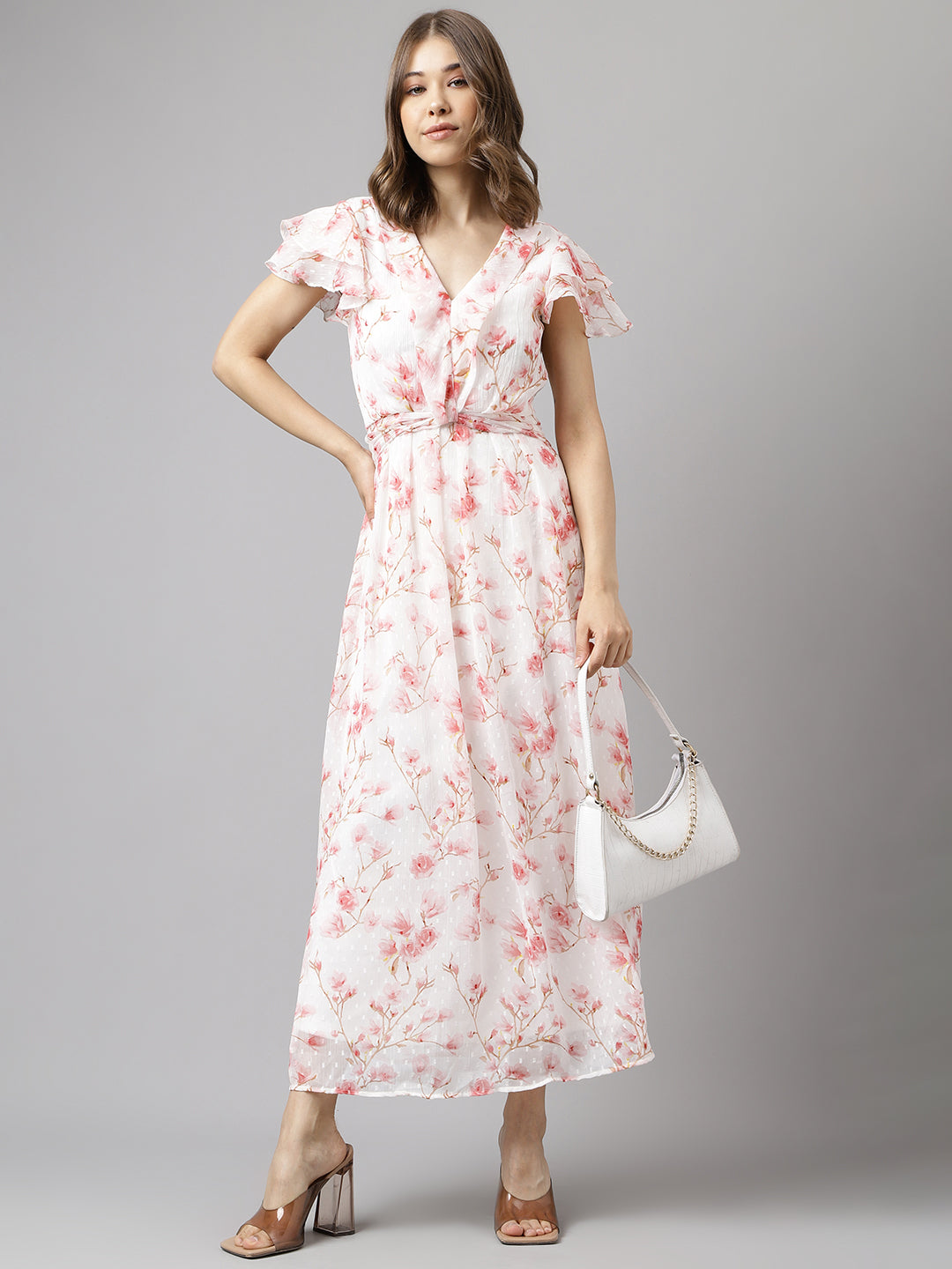 Pink Short Sleeves V-Neck Printed Maxi Dress For Casual Wear