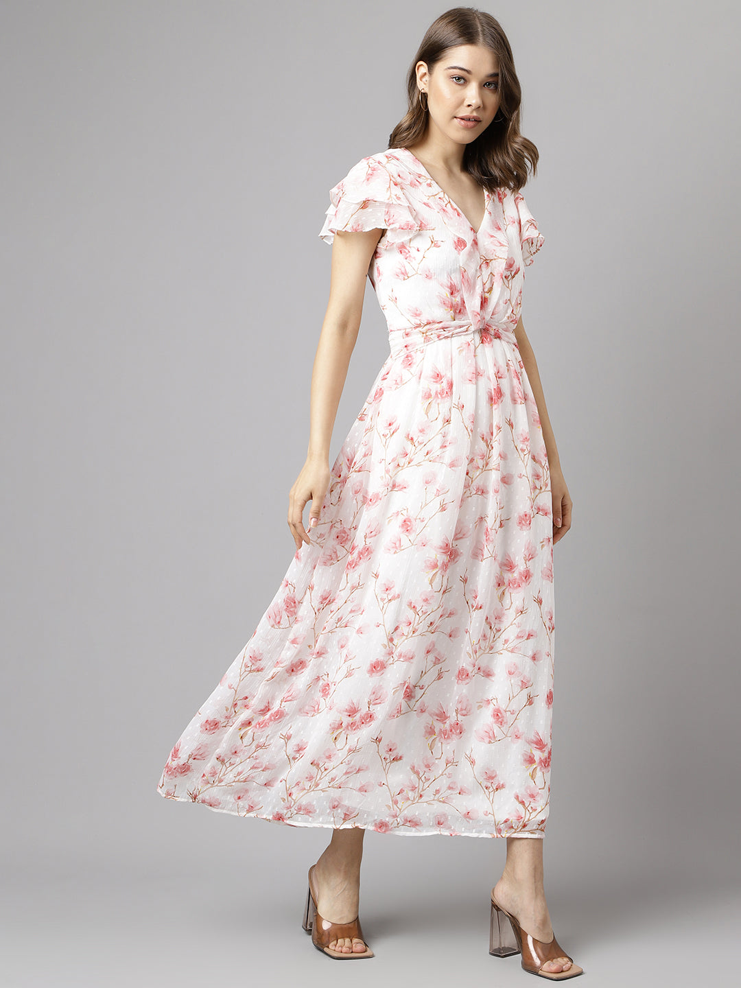 Pink Short Sleeves V-Neck Printed Maxi Dress For Casual Wear