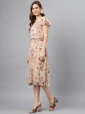 Beige V-Neck Short Sleeves Printed A-Line Dress For Casual Wear