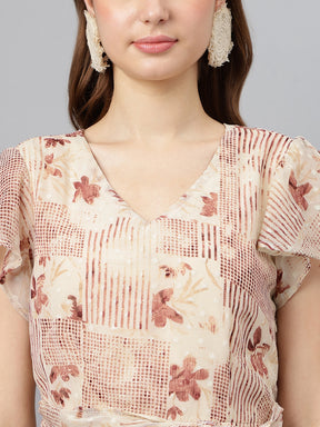 Beige V-Neck Short Sleeves Printed A-Line Dress For Casual Wear