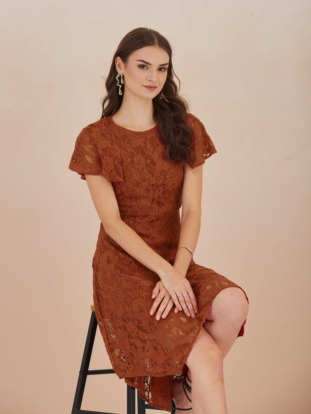 Latin Quarters Women Rust Floral Lace Fit & Flare Midi Dress for Party Wear
