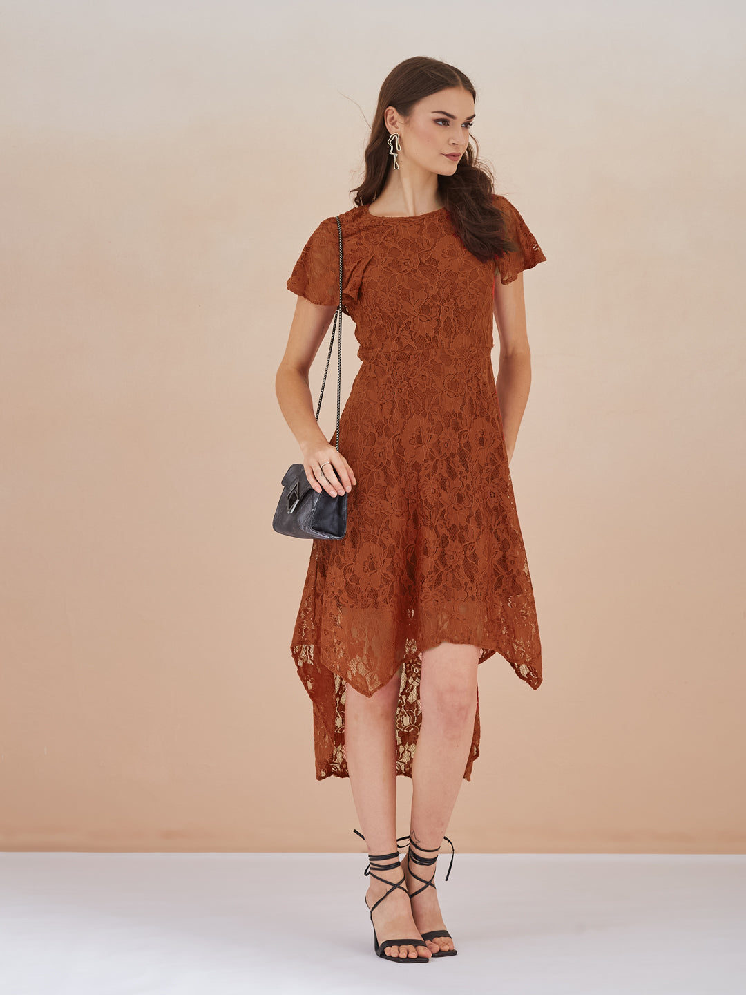 Latin Quarters Women Rust Floral Lace Fit & Flare Midi Dress for Party Wear