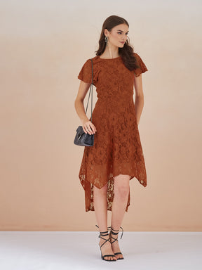 Latin Quarters Women Rust Floral Lace Fit & Flare Midi Dress for Party Wear