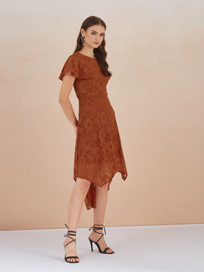 Latin Quarters Women Rust Floral Lace Fit & Flare Midi Dress for Party Wear