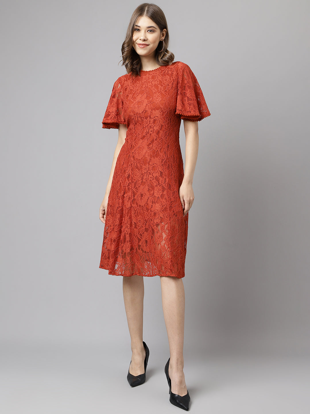 Rust Half Sleeve Solid Lace Dress