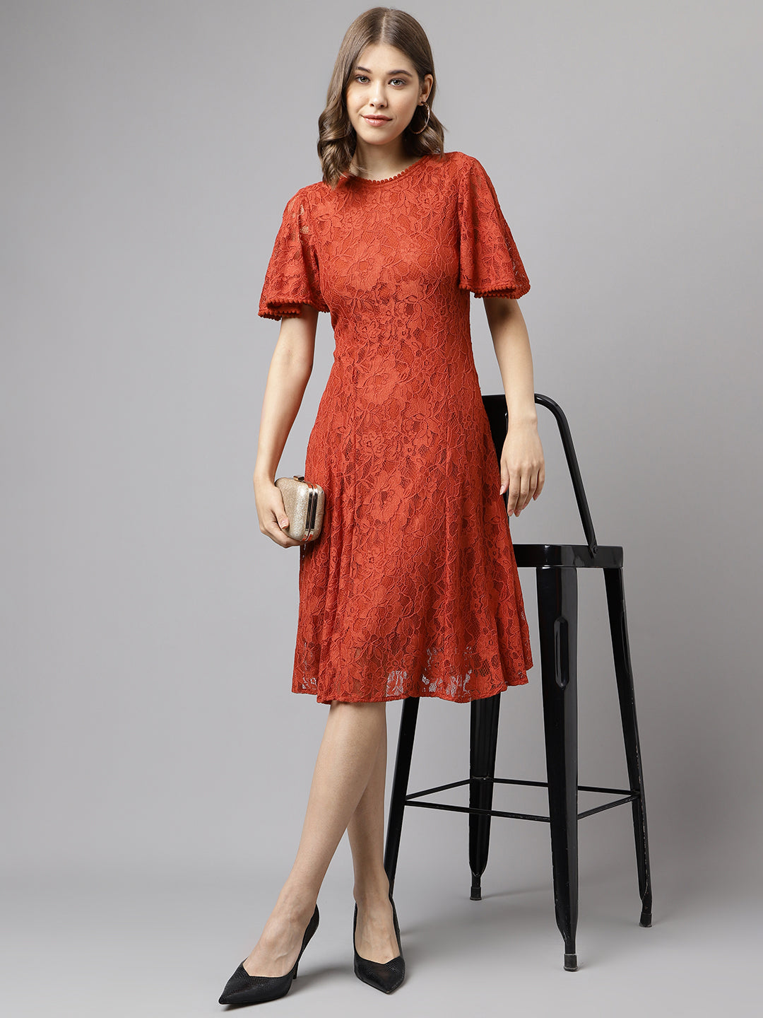 Rust Half Sleeve Solid Lace Dress Rust Half Sleeve Solid Lace Dress