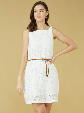 White Sleeveless Solid With Belt 100% Cotton Dress