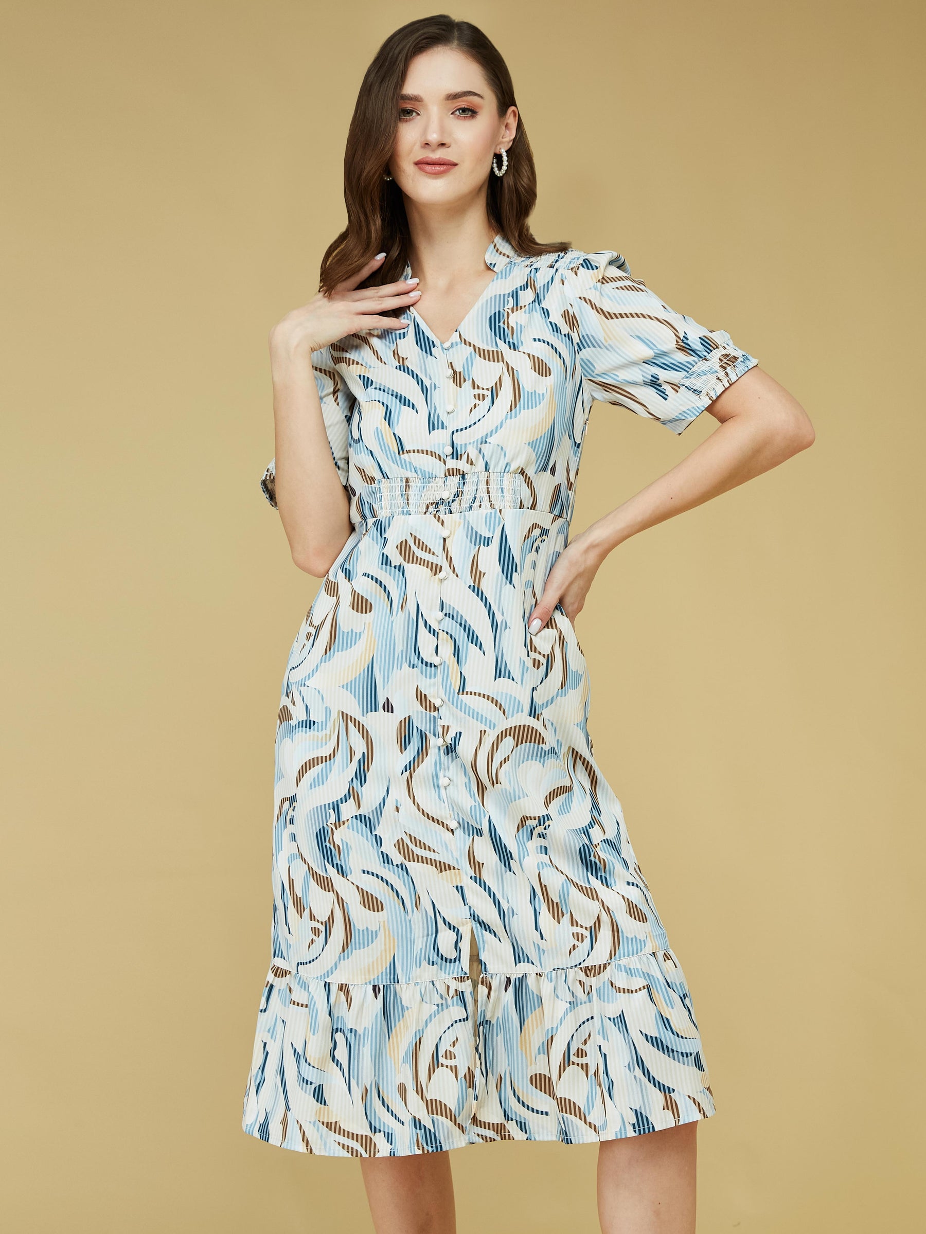 Blue Half Sleeve Printed Dress