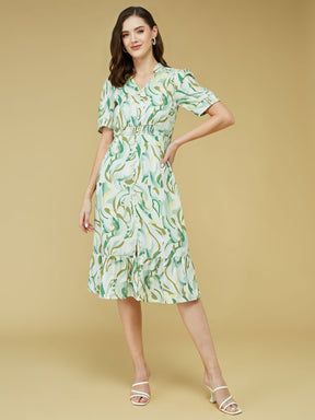 Green Half Sleeve Printed Dress