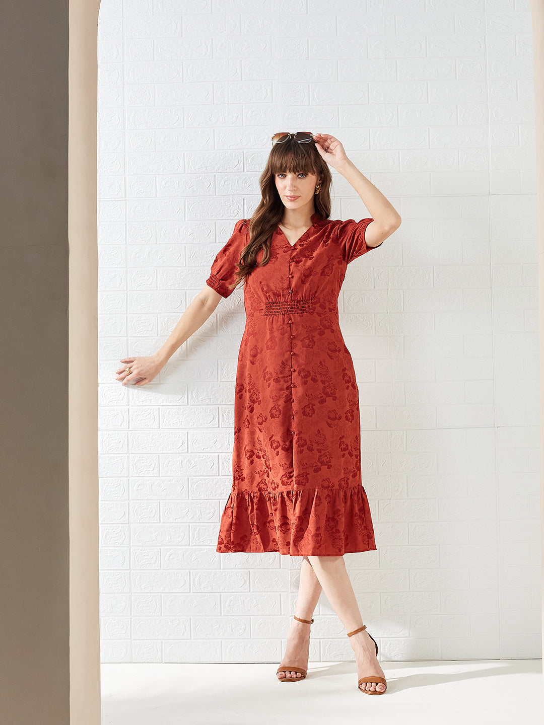 Latin Quarters Women's Red Half Sleeves Mandarin Collar Self Design Casual Midi Dress