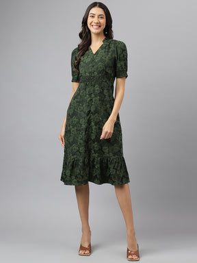 Green V-Neck A-Line Casual Dress