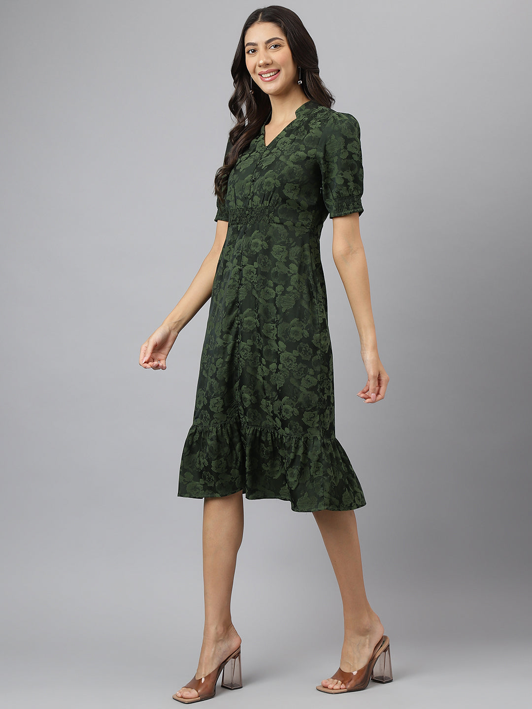 Green V-Neck A-Line Casual Dress