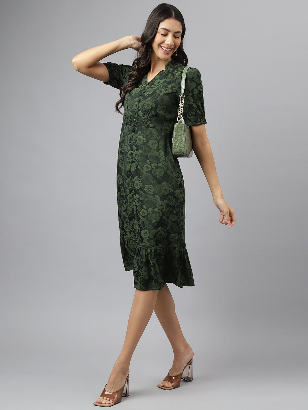 Green V-Neck A-Line Casual Dress