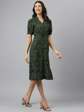 Green V-Neck A-Line Casual Dress