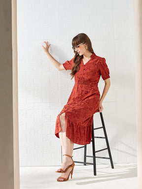 Latin Quarters Women's Red Half Sleeves Mandarin Collar Self Design Casual Midi Dress