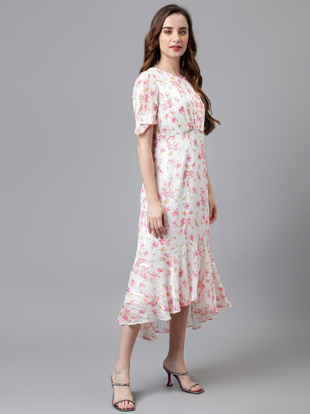 Pink Half Sleeve Printed Maxi Dress