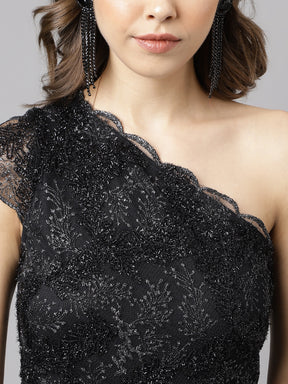 Black Cap-Sleeve Solid Sequin Dress
