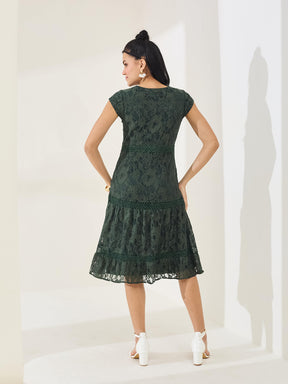 Latin Quarters Women's Green Cap Sleeves V-Neck Casual Fit & Flared Dress