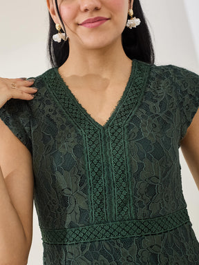 Latin Quarters Women's Green Cap Sleeves V-Neck Casual Fit & Flared Dress
