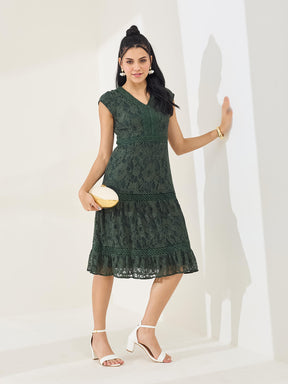 Latin Quarters Women's Green Cap Sleeves V-Neck Casual Fit & Flared Dress
