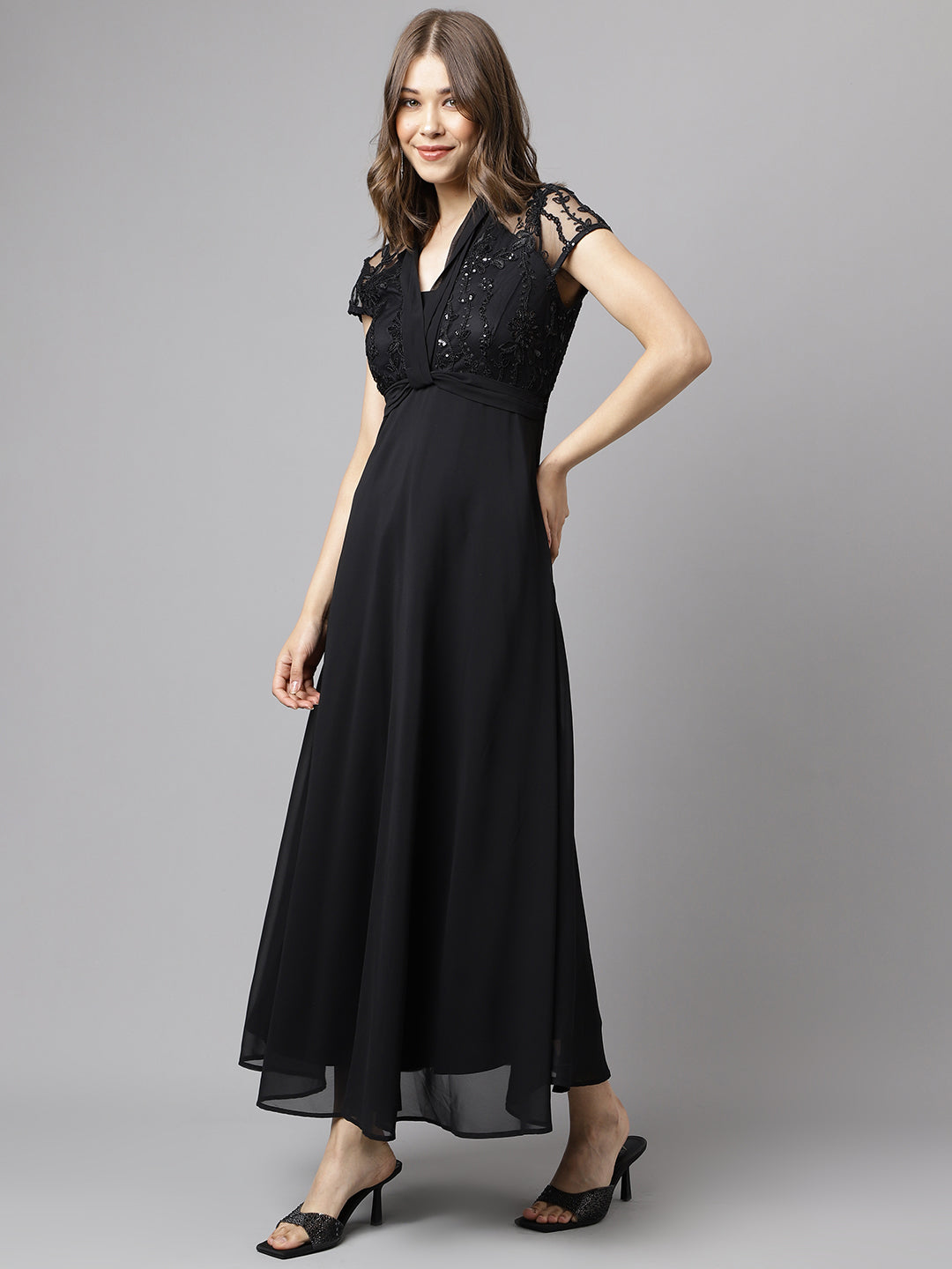 Black Cap Sleeves Solid Sequin Dress