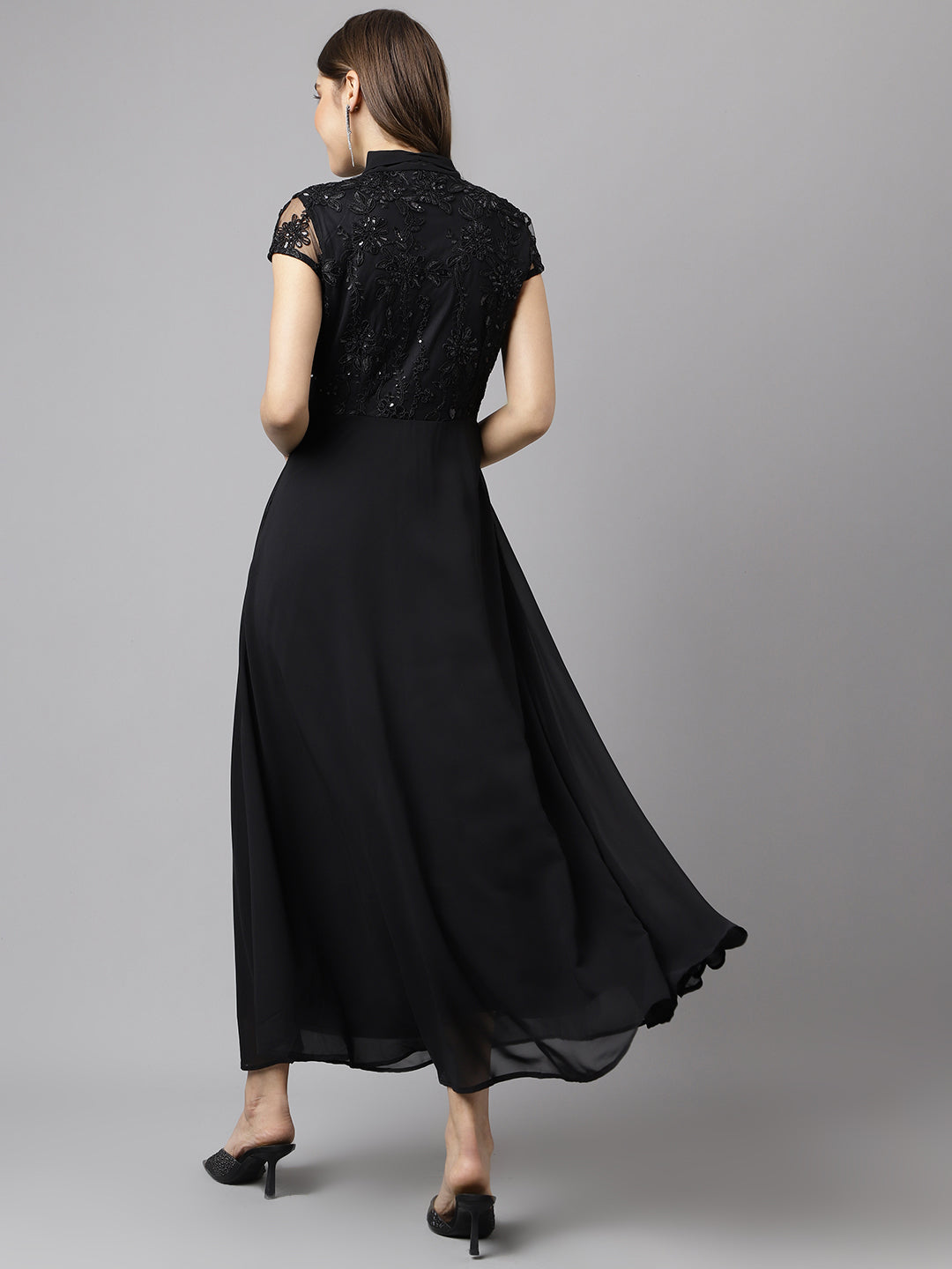 Black Cap Sleeves Solid Sequin Dress