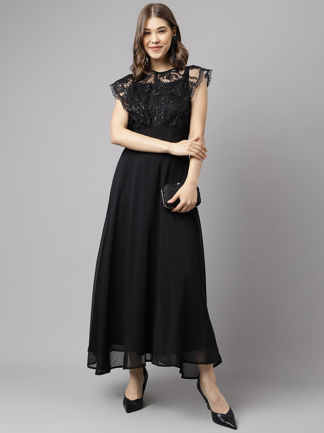 black maxi dress with cap sleeves Eterne