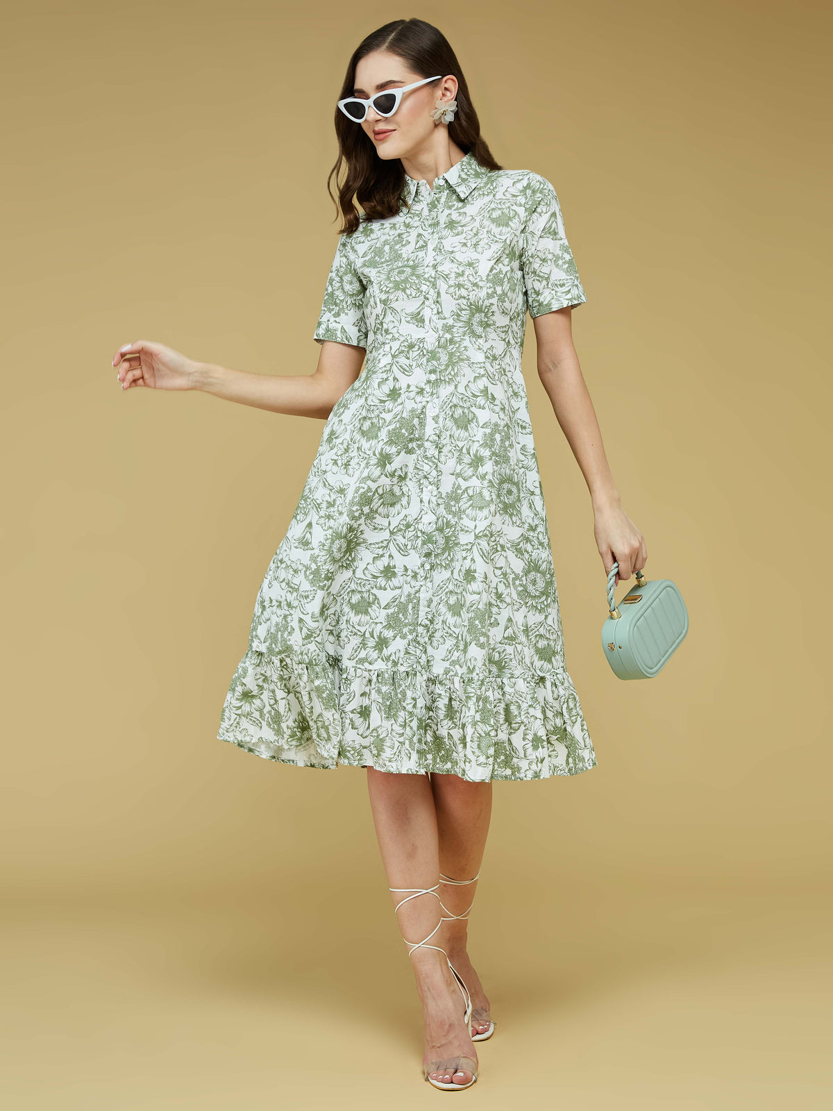 Green Half Sleeve Printed 100% Cotton Dress
