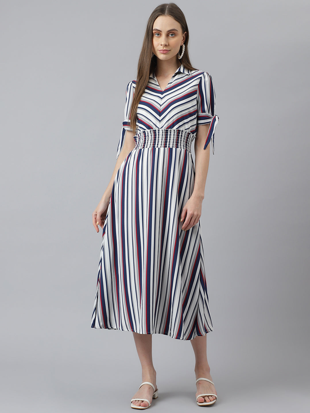 Striped Half Sleeves Blue Midi Dress