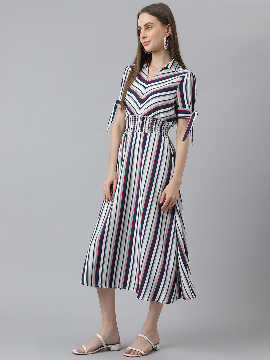 Striped Half Sleeves Blue Midi Dress