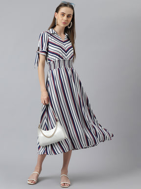 Striped Half Sleeves Blue Midi Dress