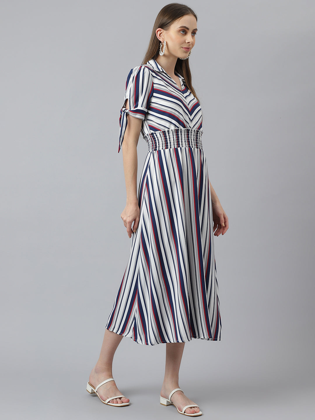 Striped Half Sleeves Blue Midi Dress