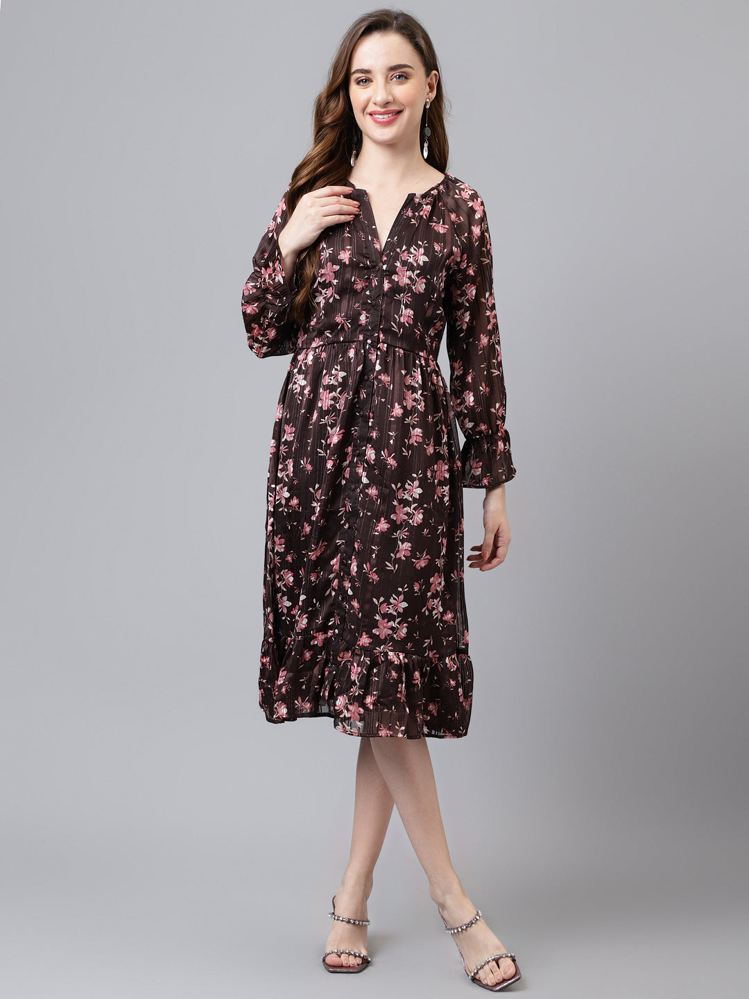Brown 3/4 Sleeve Printed Long Maxi Dress