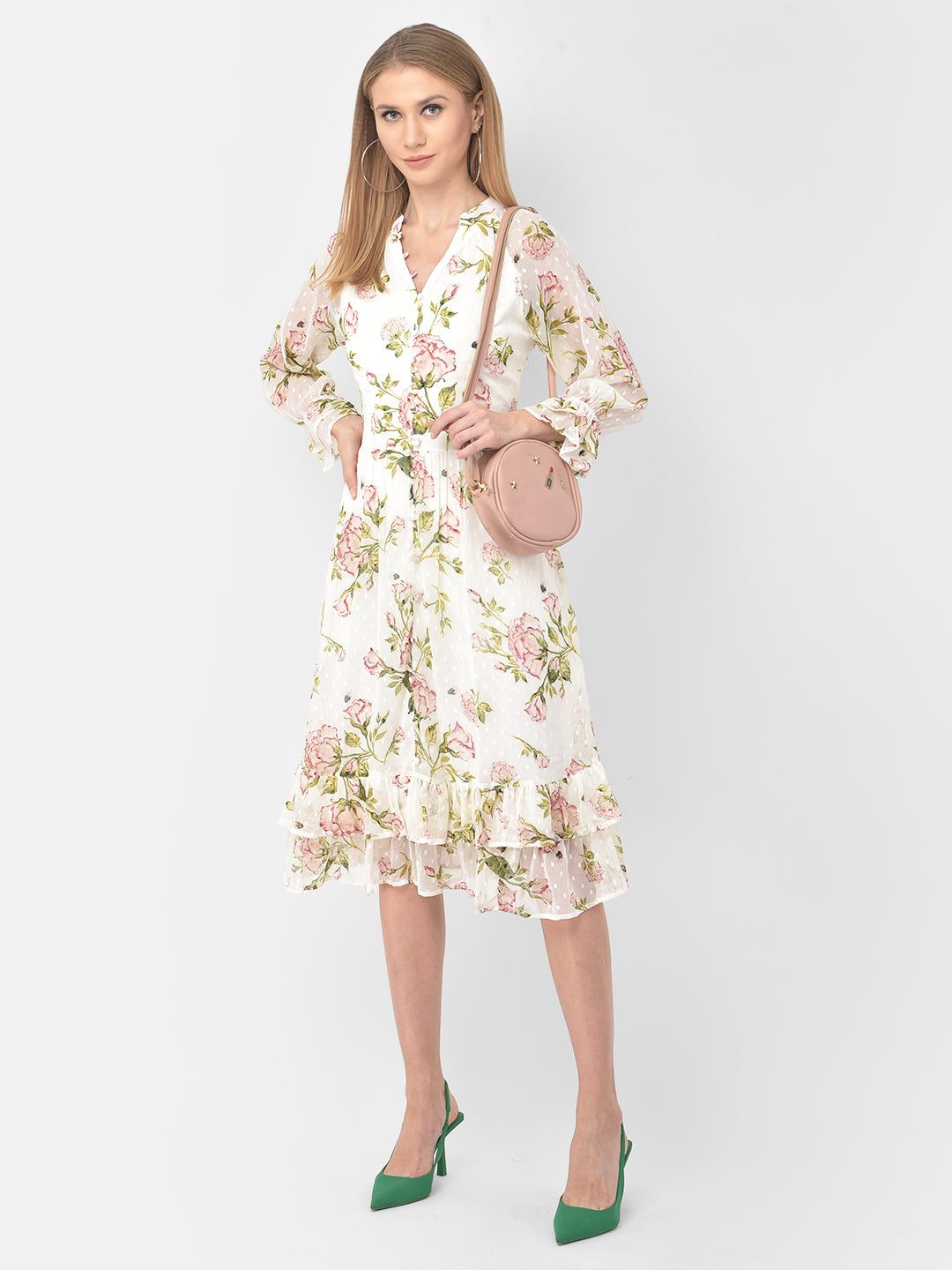 Ivory Long Sleeves V-Neck Printed Knee Length Dress For Casual Wear